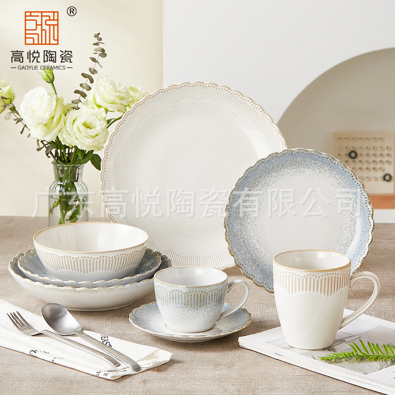 Cross-Border Customized Ceramic Dishes, Cups, Tableware, Breakfast and Dinner Sets, Household Kiln-Turned Retro Gradient Personalized Creativity