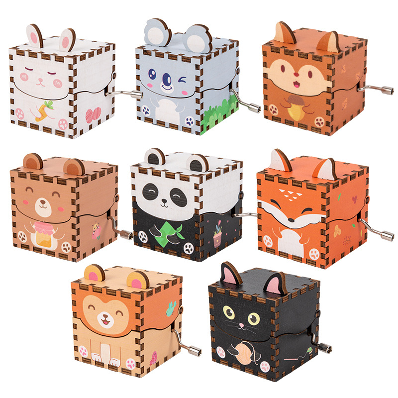 Caja de música de madera para niños DIY hecho a mano animales de dibujos animados regalos para niños pequeños puestos decorados con cajas de música de manivela juguetes