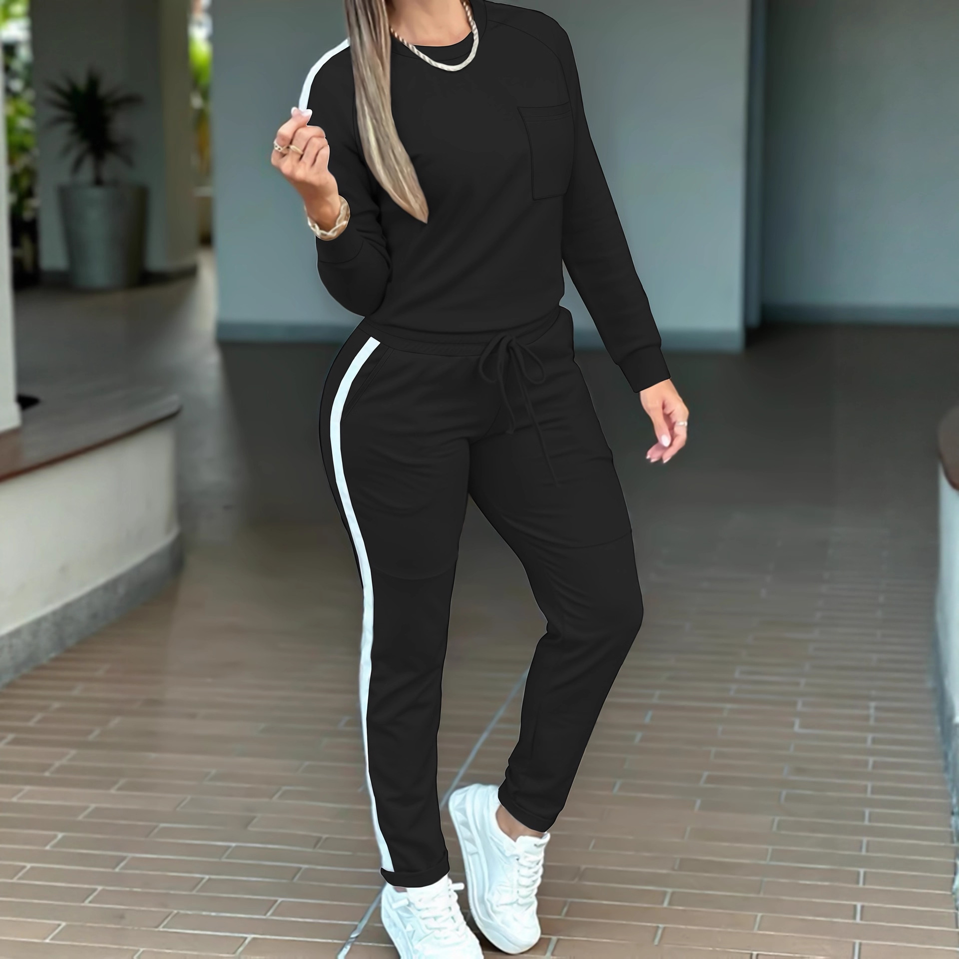 Women's Autumn Winter 2 Piece Set round Neck Long Sleeve T-Shirt High-Waisted Tapered Pants European American Style Casual Outfit_ecoleips.com