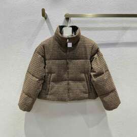 2025秋冬新品色织羊毛千鸟格立领短款90白鸭绒面包羽绒服外套