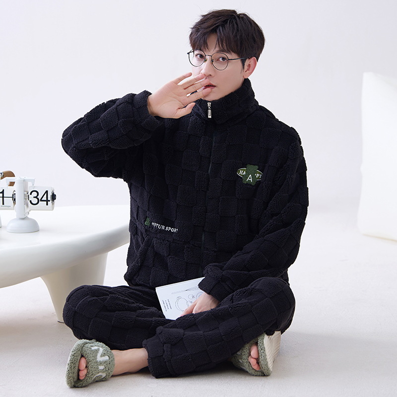 Pijamas de franela los hombres del otoño y el invierno collar soporte caliente juventud coral fleece homewear traje se puede usar fuera