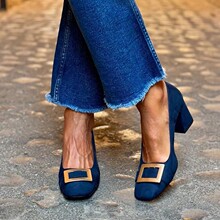 2024年春季ebay货源时尚高跟绒面40-43大码方头方扣浅口单鞋女