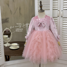女童丝绒连衣裙秋冬亮片公主裙蝴蝶结网纱加绒蓬蓬裙礼服蛋糕裙潮