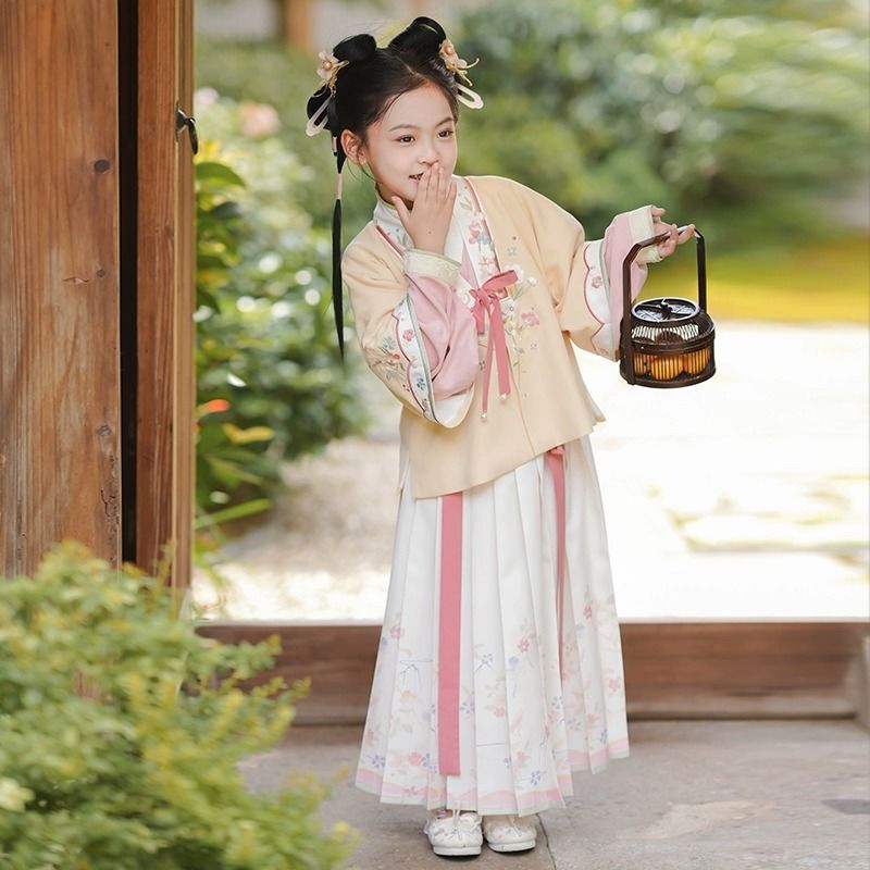 Hanfu for Girls, Ming-Style Spring and Autumn Children's Ancient Fairy Costume, Chinese-Style Tang Suit, Little Girl's Song Dynasty Three-Piece Set