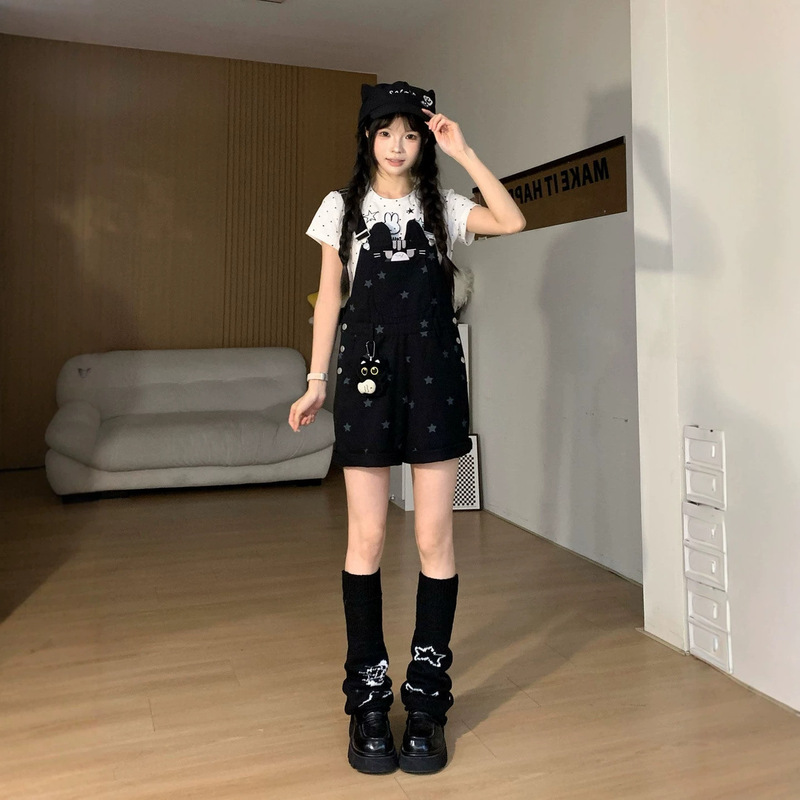Sweet style cat and star print denim overalls for women, summer loose fit, age-reducing, cute, petite wide-leg shorts Sweet style cat and star print denim overalls for women, summer loose fit, age-reducing, cute, petite wide-leg shorts