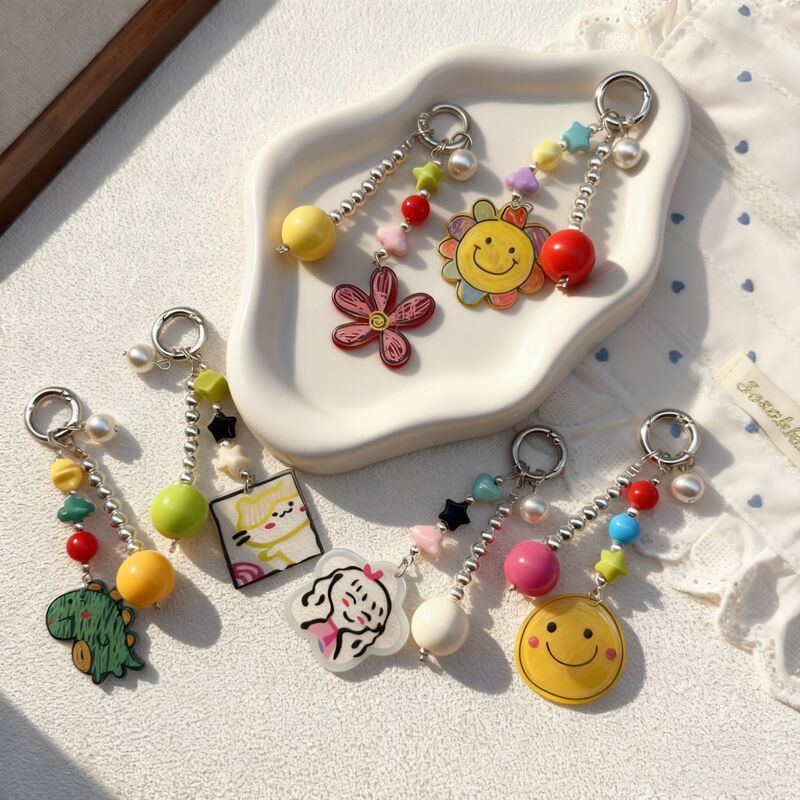 New Korean and Japanese Style Smiley Face Star Beaded Cute Bag Pendant Dopamine Keychain Phone Holder