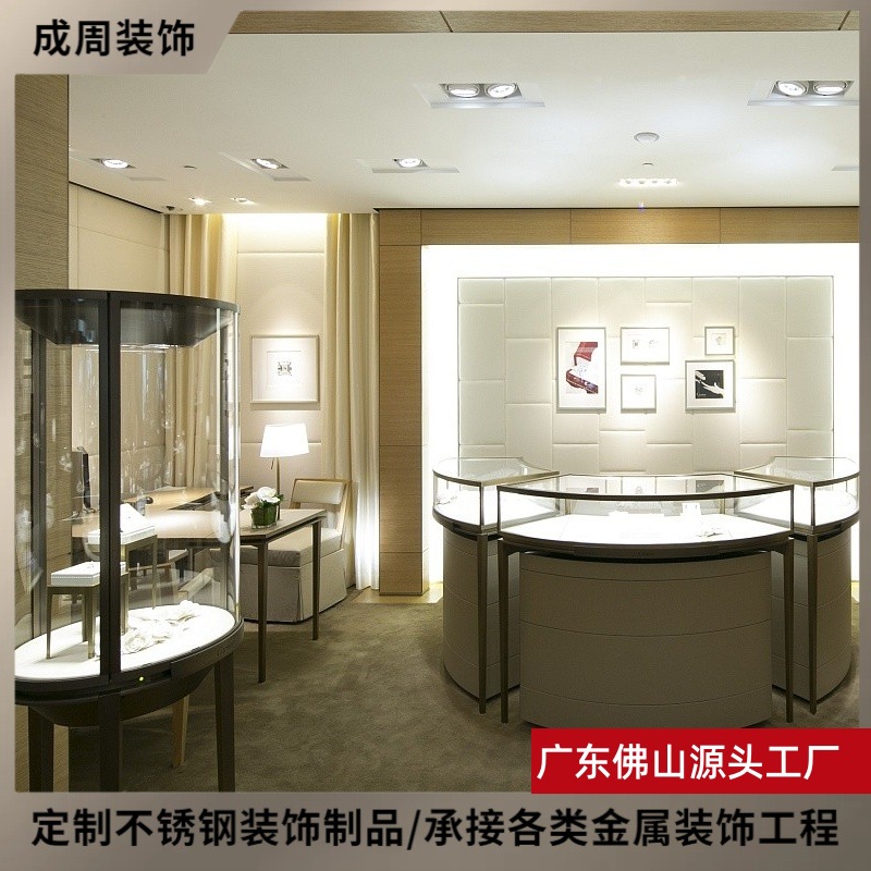 金色珠宝柜带玻璃圆弧形不锈钢展示柜中岛柜黄金奢侈品陈列柜厂家