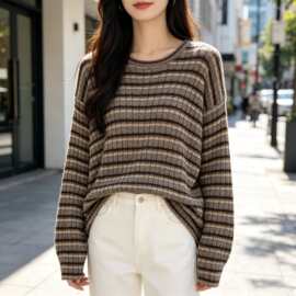 深圳南油PD26条纹撞色三角标圆领长袖针织衫羊毛上衣Wool Sweater