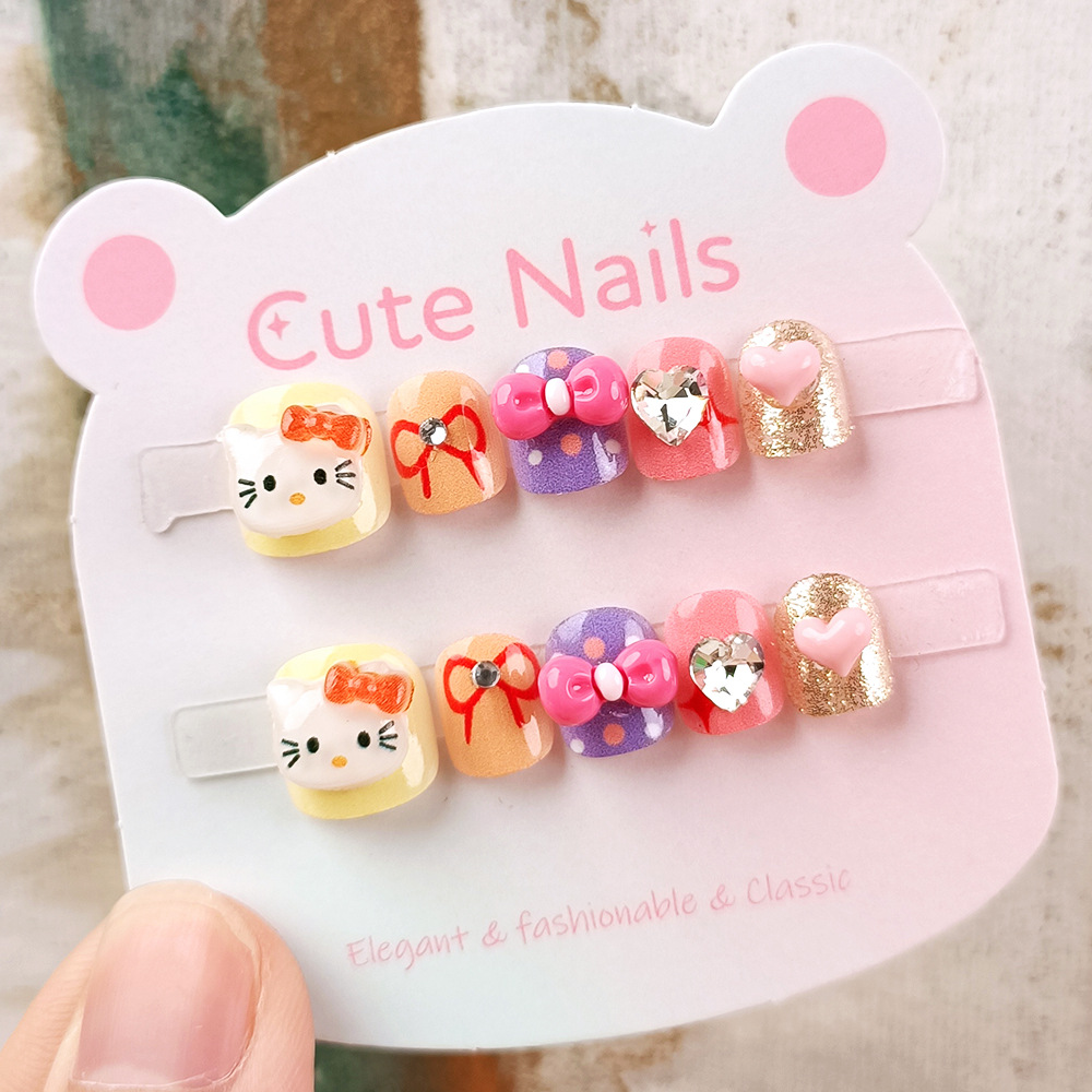 Parche de uñas de lazo para niños, uñas cortas de gato tridimensional 3D, 10 piezas de uñas para niños con diamantes