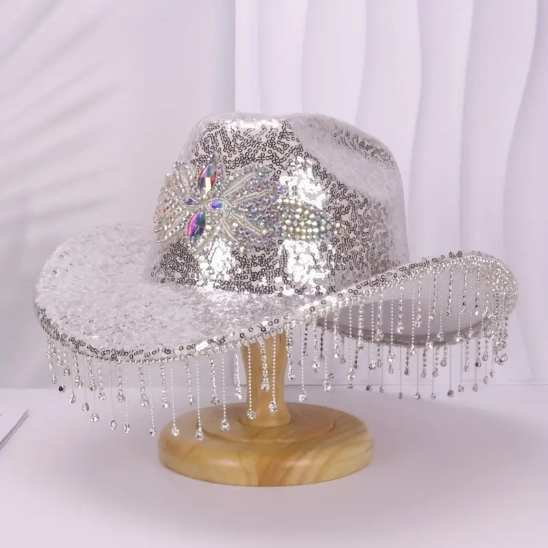 亮片流苏西部牛仔帽新款弯檐秋冬帽子女款音乐舞台派对爵士帽男