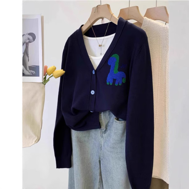 Age-Reducing Pony! Three-Dimensional Towel Embroidery Exquisite Jacquard Thick Wool Knitted Cardigan V Neck Loose Sweater for Women Autumn