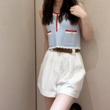 2025春夏女装 J家蓝红撞色清新圆领口袋设计感背心无袖针织衫上衣