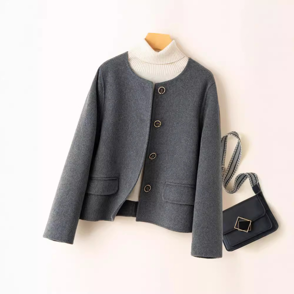 양면 양모 샤넬 스타일 코트 여성 하이 엔드 가을 착용 짧은 라운드 넥 한국 모직 코트