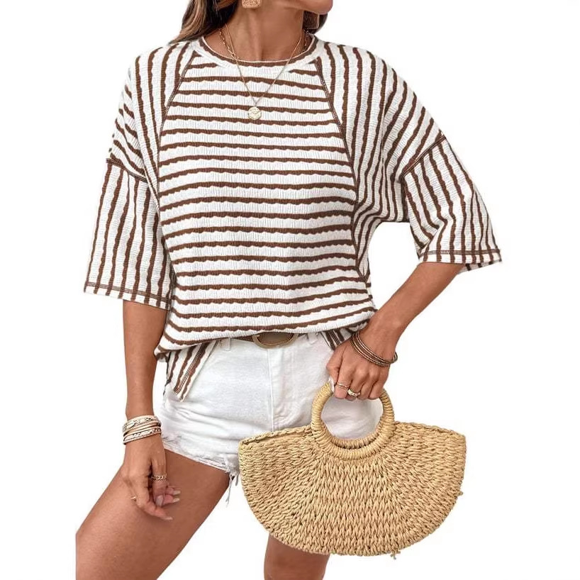 Women's Casual Striped Short Sleeve T-Shirt - Relaxed Fit, Round Neck, Color Block Design, Breathable Polyester Fabric_voghion.com
