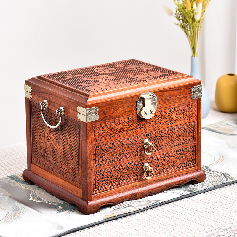 Exquisite Solid Wood Drawer Jewelry Box, High-End Mahogany Large-Capacity Necklace, Hand Jewelry, Watch Storage Box with Lock Compartment