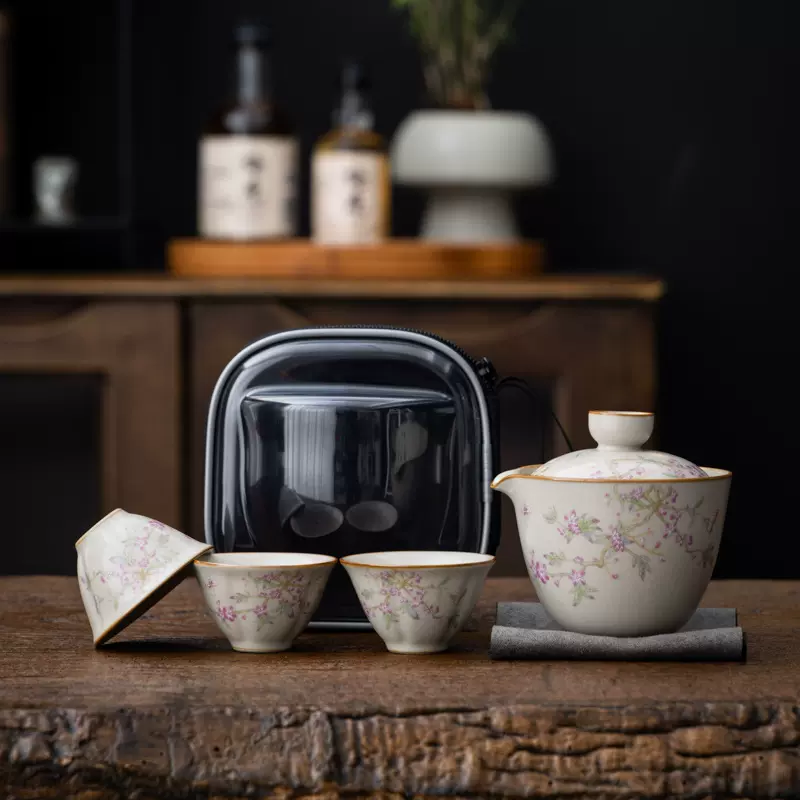 米黄汝窑便携式旅行茶具套装快客杯一壶三杯户外泡茶壶茶杯印logo