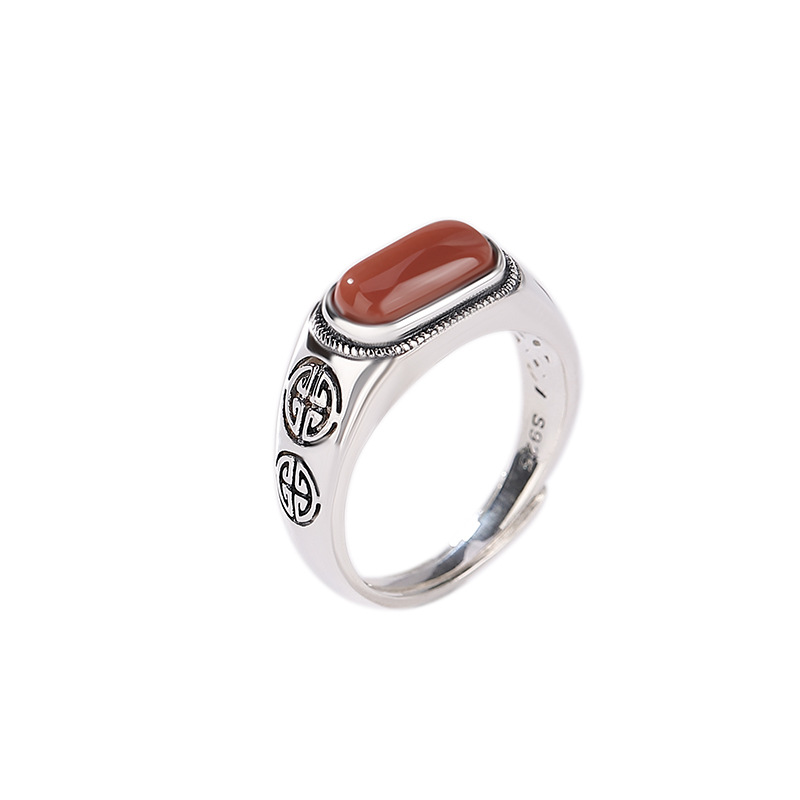 Nhẫn bạc S925 phong cách cổ điển Trung Quốc, mặt đỏ yên bóng, cá tính hoang dã — Mở (một kích thước)