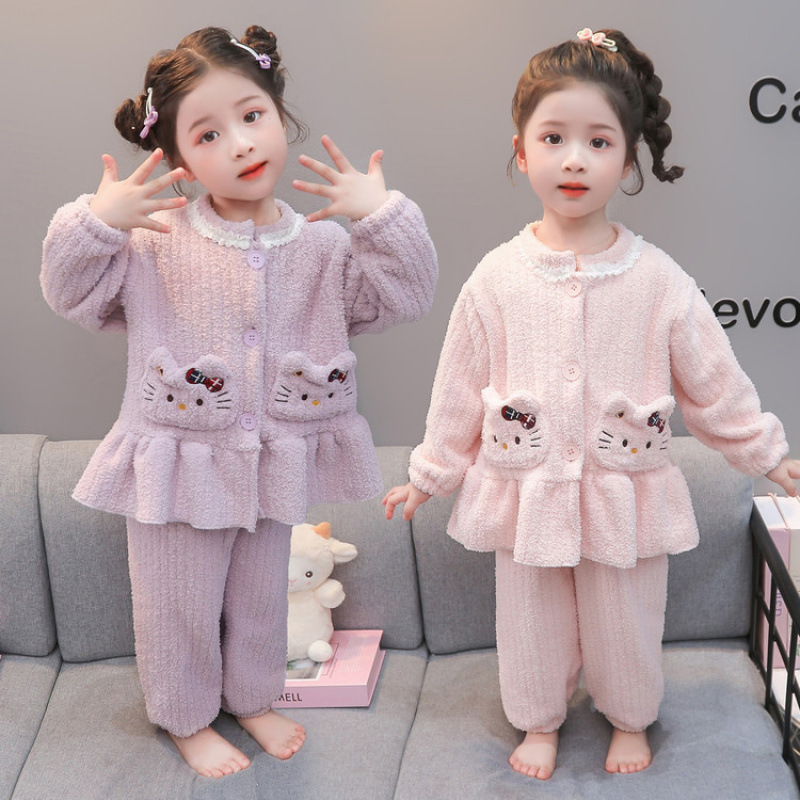 女童睡衣秋冬季法兰绒儿童加厚保暖珊瑚绒卡通女孩冬天家居服套装|undefined