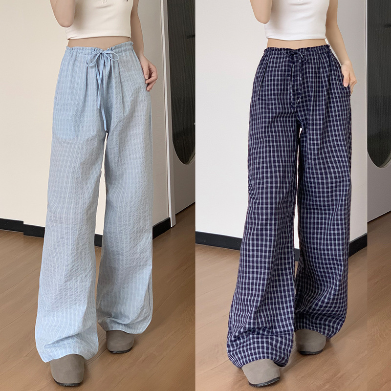 Lazy Style Wide-Waisted Plaid Wide-Leg Pants for Women in Summer, Thin Design, High-Waisted Casual Straight-Leg Floor-Length Pants