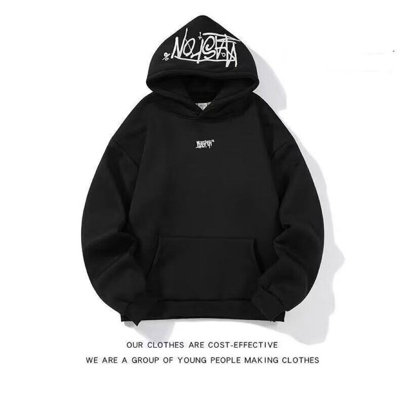 American retro letter embroidery hooded sweatshirt for men, autumn and winter fleece-lined warm hoodie, trendy niche couple's jacket