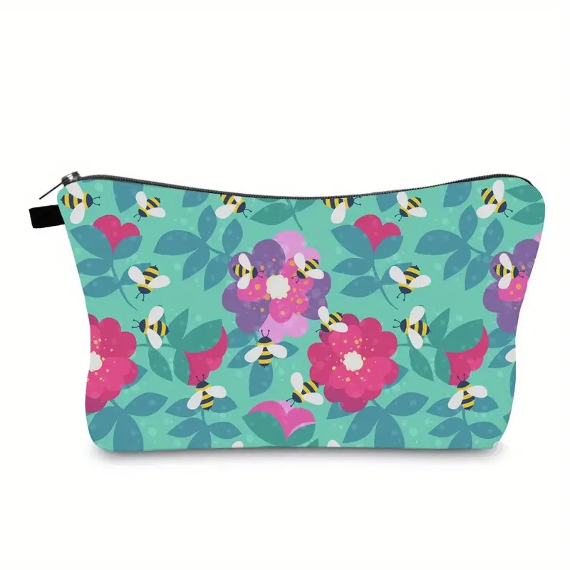 Transfronterizos Amazon damas bolsas de maquillaje encantadoras creativas bolsas de maquillaje de día de abejas bolsas de almacenamiento de lino bolsa de cremallera impermeable