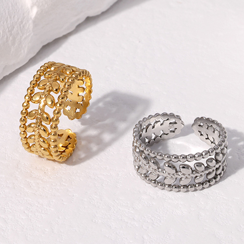 PVD Coated Gold Plating Process 18K Gold Plated, Real Gold Plated Plating Material Stone-Free Inlay Material PVD Coated Real Gold Plated Leaf Stainless Steel Fashion Waterproof Non Tarnish Open Ring