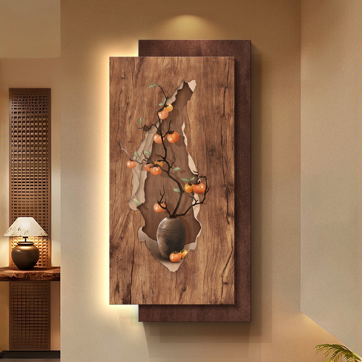 中古风玄关装饰画柿柿如意入户走廊过道挂画高级感创意LED灯光画