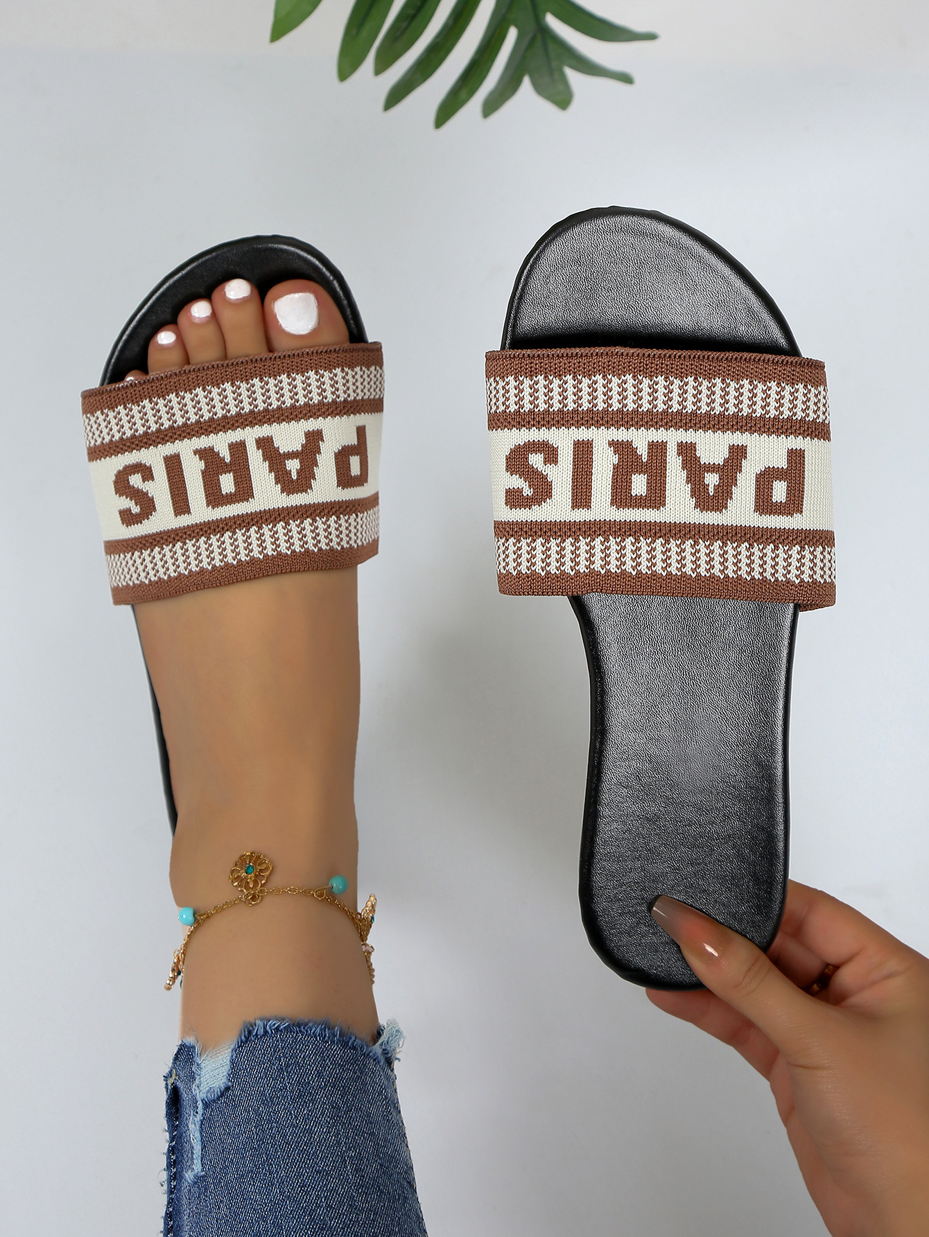 Women's Round Toe Flat Slippers Casual Flyknit One Strap Sandals_voghion.com