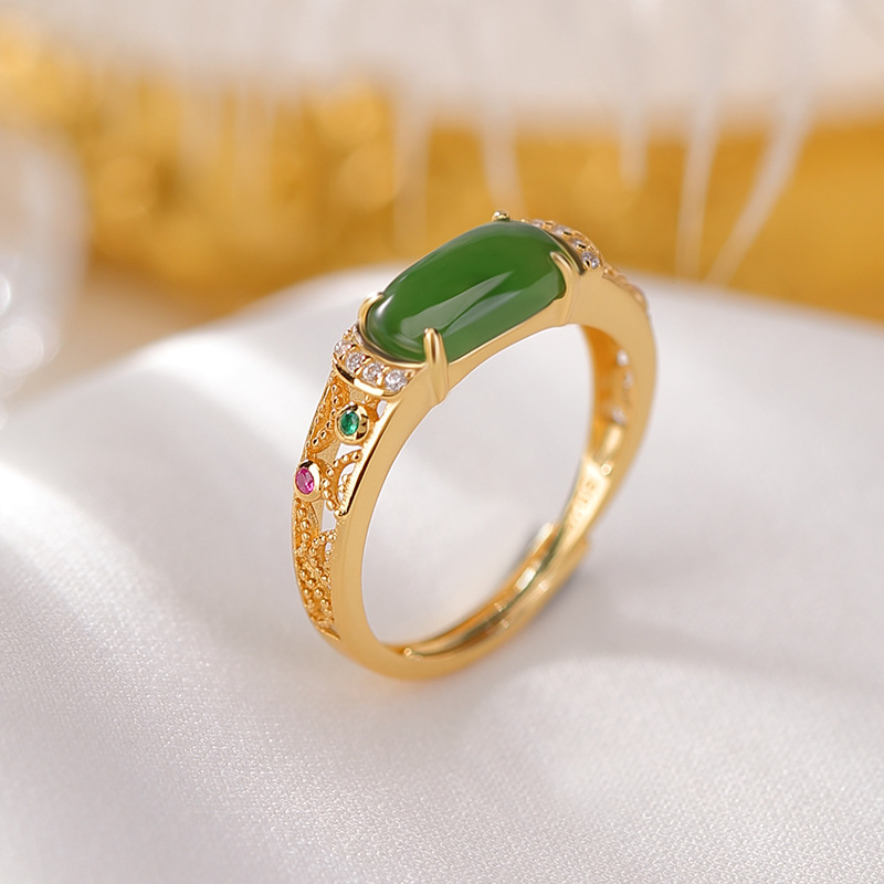 Nhẫn yên xe bạc S925 mạ vàng đính ngọc bích jasper cổ điển sang trọng — Bạc 925