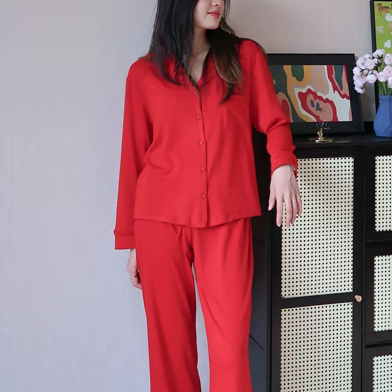 工厂现货莫代尔睡衣女春秋冬欧美弹力家居服女红色外穿跨境批发