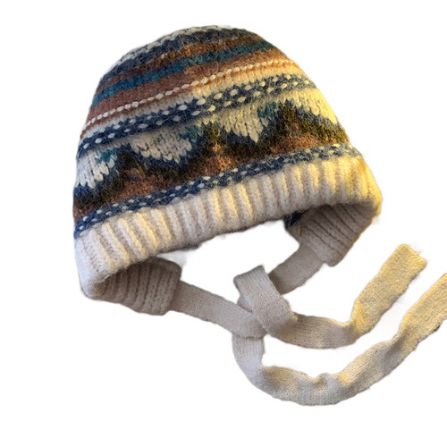 Retro Fair Isle Knit Baraklava Hat for Girls, Autumn/Winter Warm Weather, Keeps Face Small, Knitted Wool Hat, Grey