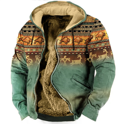 European and American multicolored pattern 3D printing digital printing hatless sweatshirt with brown cotton lining