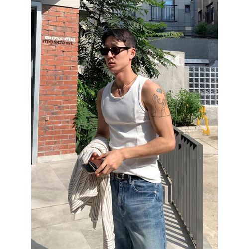 White sleeveless denim shirt men's summer American casual versatile old man's shirt sports fitness textured t-shirt