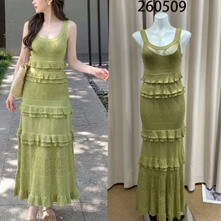 Sd家XY2609夏季新款绿色层叠荷叶镂空肌理纹针织连衣裙内衬套装女