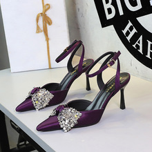8381-AH159 European and American Style Fashion One Word with Water Diamond Bow Pointed Stiletto High Heels Sexy Banquet Sandals for Women