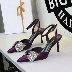 8381-AH159 European and American Style Fashion One Word with Water Diamond Bow Pointed Stiletto High Heels Sexy Banquet Sandals for Women