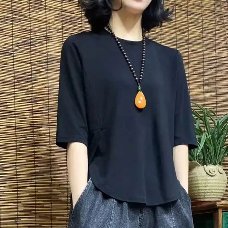 Pure Cotton Irregular T-Shirt for Women, New Style with Mid-Sleeve Patchwork, Stylish Top, Plus-Size Summer Blouse Pure Cotton Irregular T-Shirt for Women, New Style with Mid-Sleeve Patchwork, Stylish Top, Plus-Size Summer Blouse