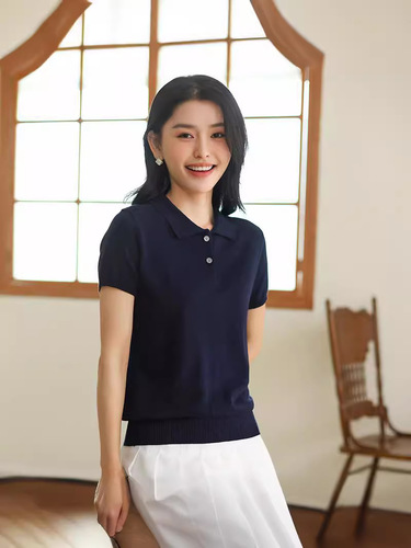 Spring and Summer New 100% Cotton Polo Neck Half Sleeve Women's Basic Simple Versatile Casual Underwear Knitted Vest T-Shirt 