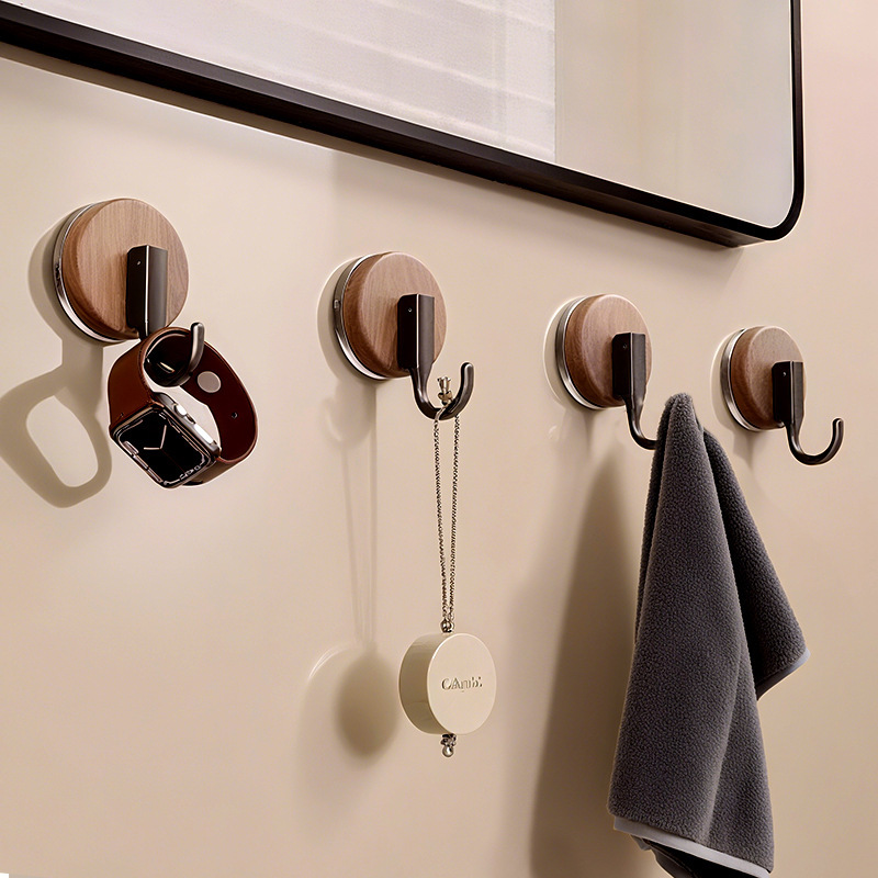 Wood Grain Suction Cup Hook, No-Drill, Strong Load-Bearing, for Kitchen, Bathroom, Behind Door, Towel Holder, Vacuum Traceless Adhesive Hook