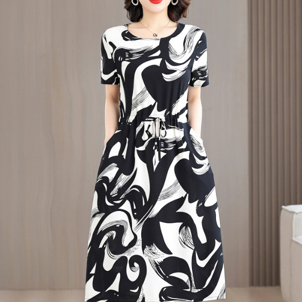 Cotton Silk Dress Women's Summer Plus Size Fashionable Young Mother's Dress Elegant Sweet Pregnant Women's Floral Mid-Length Skirt Cotton Silk Dress Women's Summer Plus Size Fashionable Young Mother's Dress Elegant Sweet Pregnant Women's Floral Mid-Length Skirt