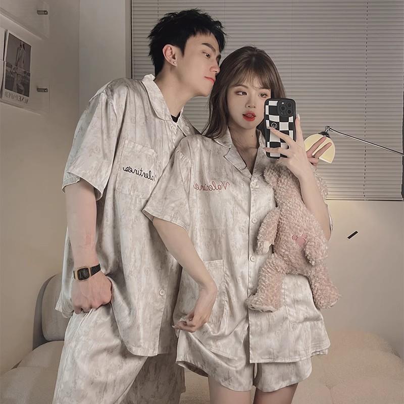 2023 nueva pareja pijamas de las mujeres de verano de seda de hielo manga corta de dibujos animados usable estudiante de seda traje homewear de los hombres