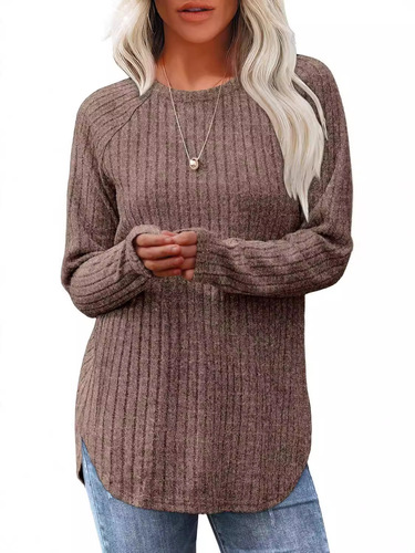 Amazon European and American Foreign Trade Cross-border Women's Clothing 2024 Autumn New Round Neck High-Low Hem Top Women's Fuzzy