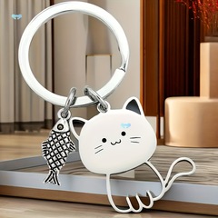 1pc かわいい猫魚キーホルダーシルバーステインスチールキーリング