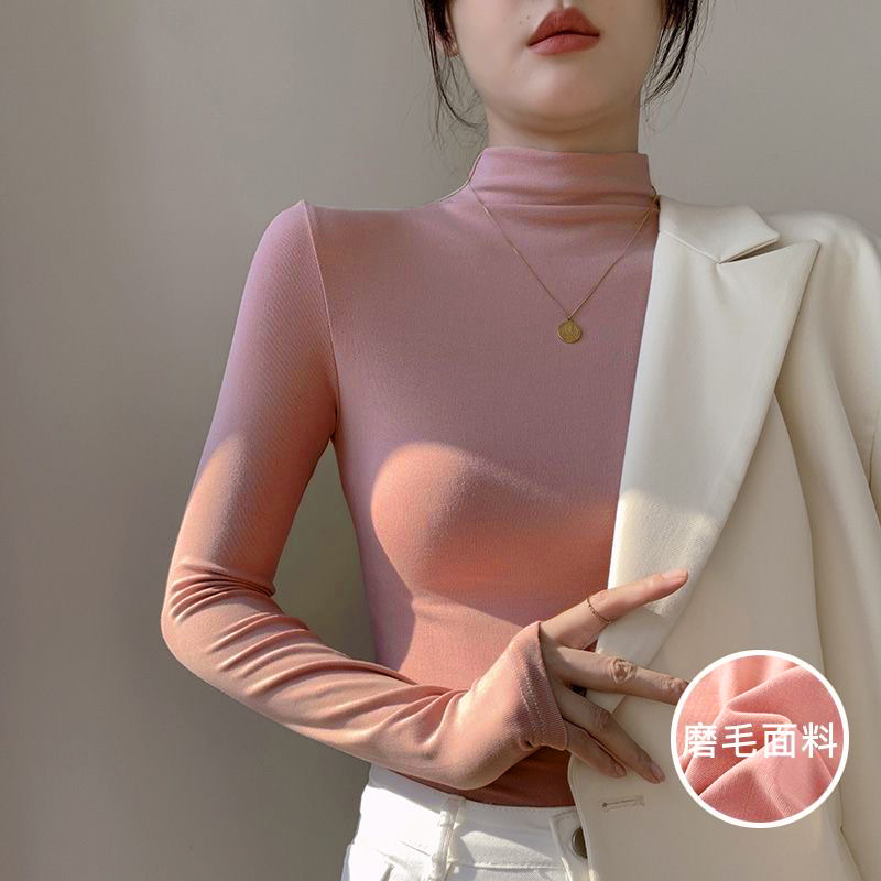 2026 otoño y invierno nuevo medio cuello de terciopelo negro camiseta de base femenina coreana gruesa camiseta de manga larga de doble cara image 3