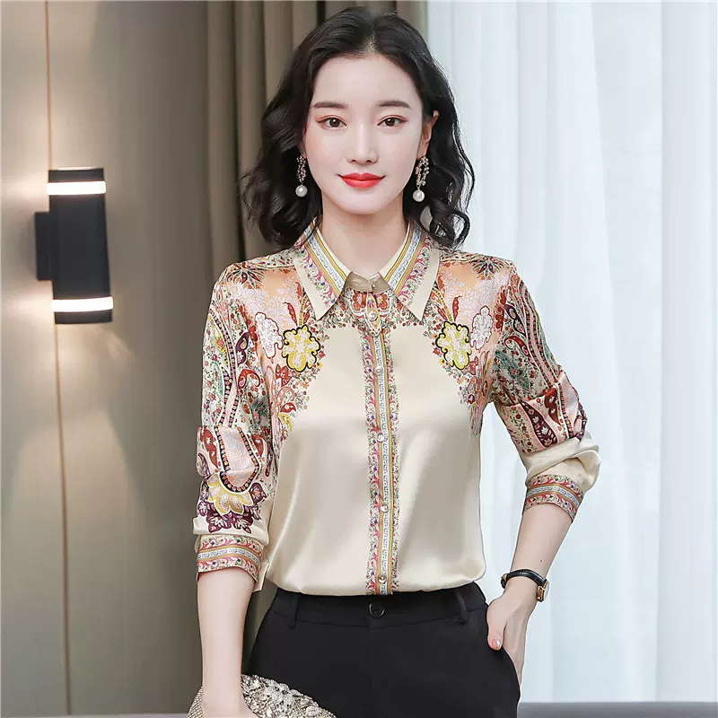 碎花衬衣时尚2025优雅新款春秋女上衣修身衬衫真丝印花气质桑蚕丝