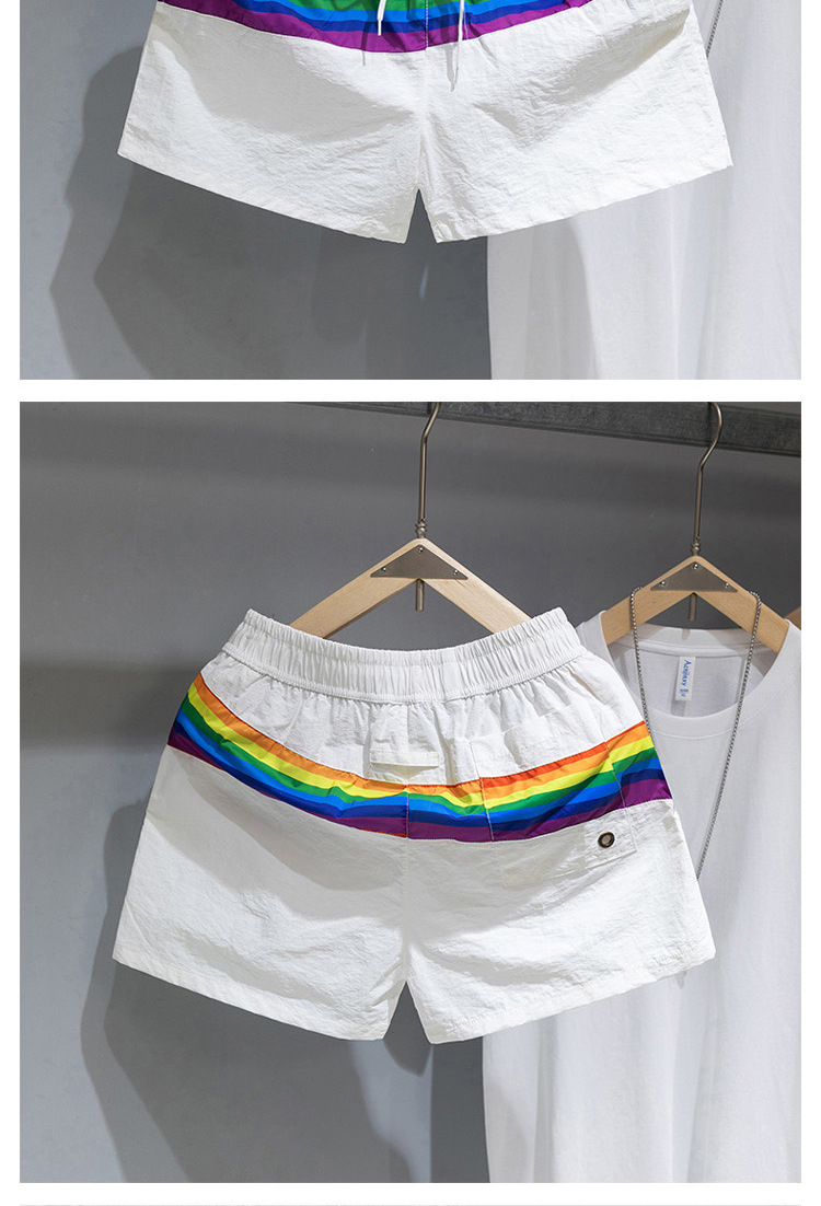 Men's Trendy Beach Shorts Loose Fit Rainbow Stripe Casual Sports Fashion Three Quarter Length Summer Bottoms_viptrois.com