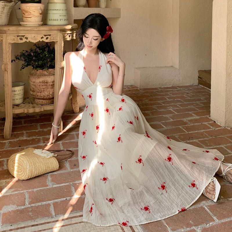French Floral V Neck Halterneck Suspender Dress for Women Summer New Seaside Vacation Beautiful Waist-Cinching Large Hem A-Line Skirt