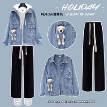 秋季套装女学生韩版宽松牛仔外套+长袖卫衣+阔腿裤学院风三件套潮