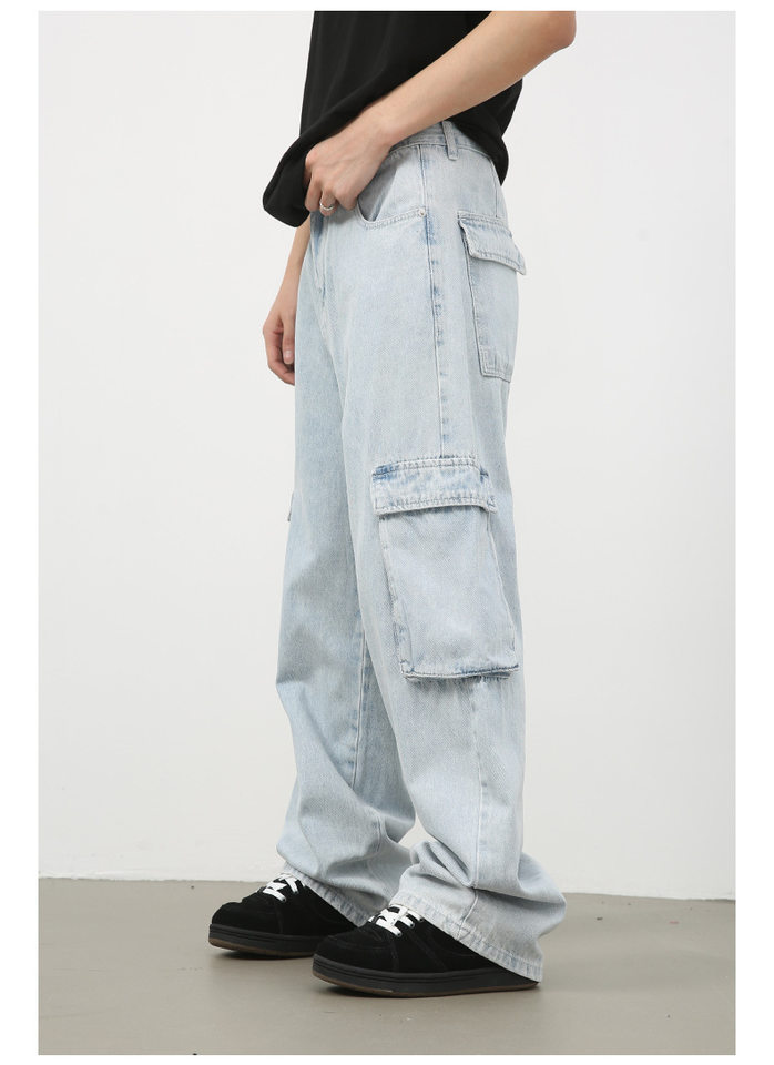 Quần jean nam ống rộng ống đứng dáng suông, vải denim giặt cổ điển, nhiều túi — Màu xanh lam chi tiết 13