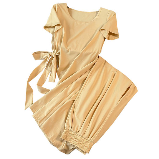 Casual Sports Suit for Women, Summer Fashion Design, Niche Temperament, Slimming Solid Color Short-Sleeved Wide-Leg Pants Two-Piece Set